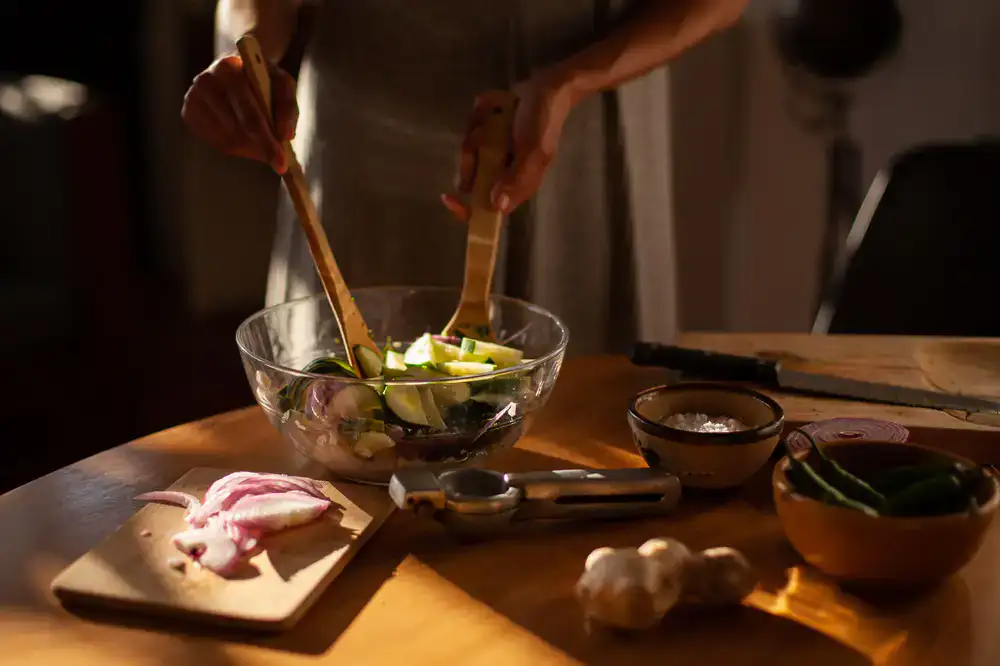 Fresh ingredients being mixed in a bowl